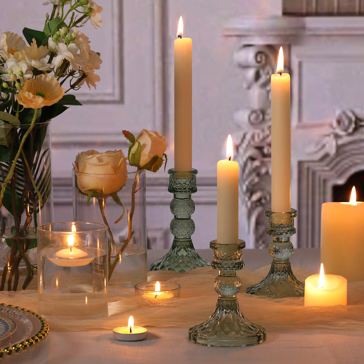 DARJEN Green Glass Candlestick Holders Set of 6, 4" H & 5" H Taper Candle Holders for Candlesticks & Pillar Candles, Diamond Candle Holders for Wedding Party Table Centerpiece, Home Decor