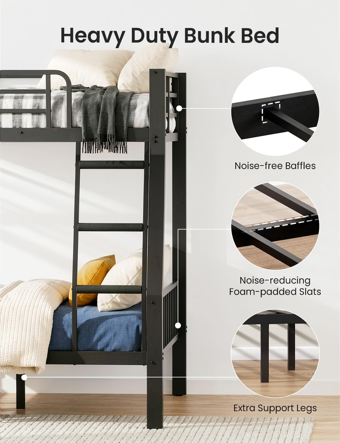 Mixcous Full XL Over Queen Bunk Bed for Adults, Heavy Duty Metal Queen Bunk Bed Frame with Reinforced Steel Slats, Full-Length Guardrails & Anti-Slip Ladder, Noise-Free, No Box Spring Needed, Black