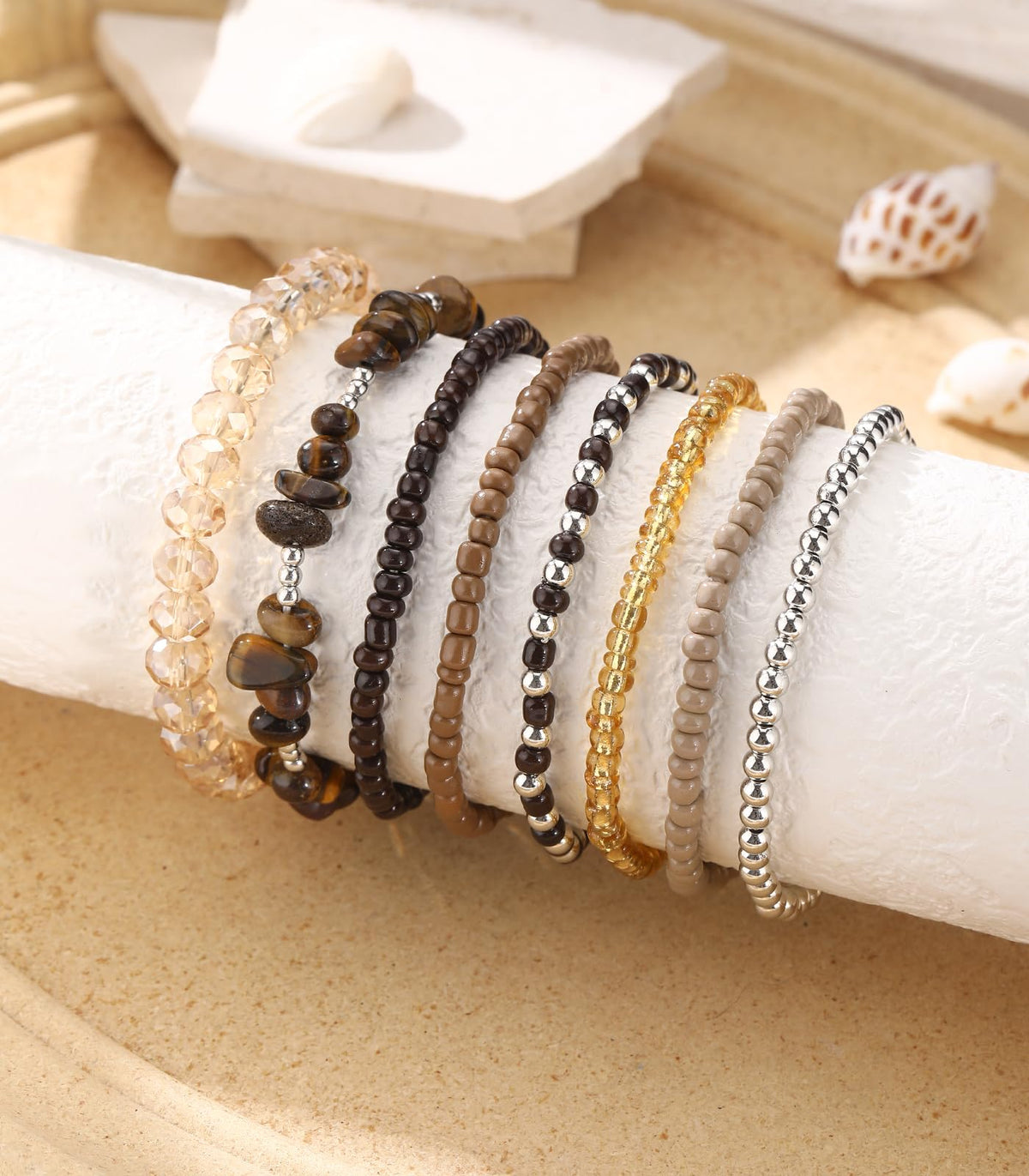Noessla Boho Beaded Bracelets for Women Stackable Irregular Natural Stone Bead Stretch Bracelet Set 8PCS Costume Jewelry Gifts for Her(Brown)