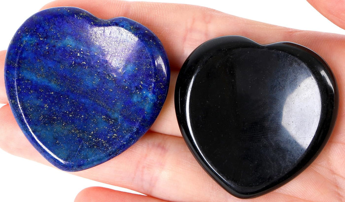 QINJIEJIE 2PCS Worry Stones for Anxiety Lapis Lazuli Black Obsidian Crystals Thumb Heart Crystal Palm Polished Gemstone Pocket Massage Natural Gem Stress Relief Item Reiki Meditation Gift for Women