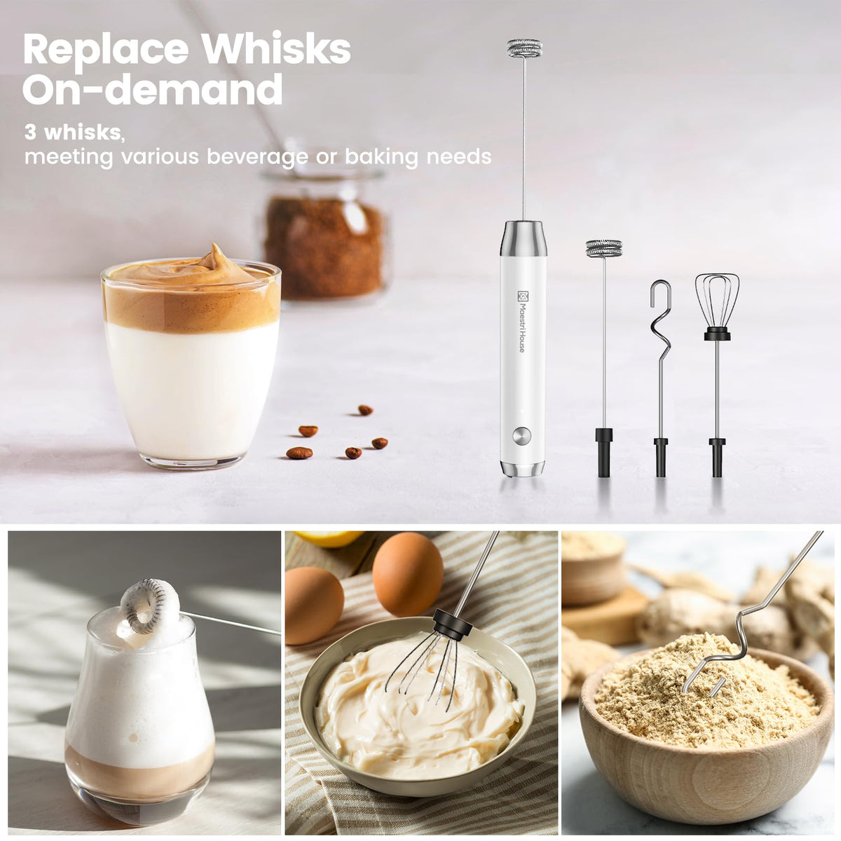 Maestri House Rechargeable Milk Frother with 3 Heads, LunaFro AS Handheld Electric Foam Maker Waterproof Detachable Stainless Steel Whisk Drink Mixer Foamer with Stand for Lattes, Cappuccino, Egg