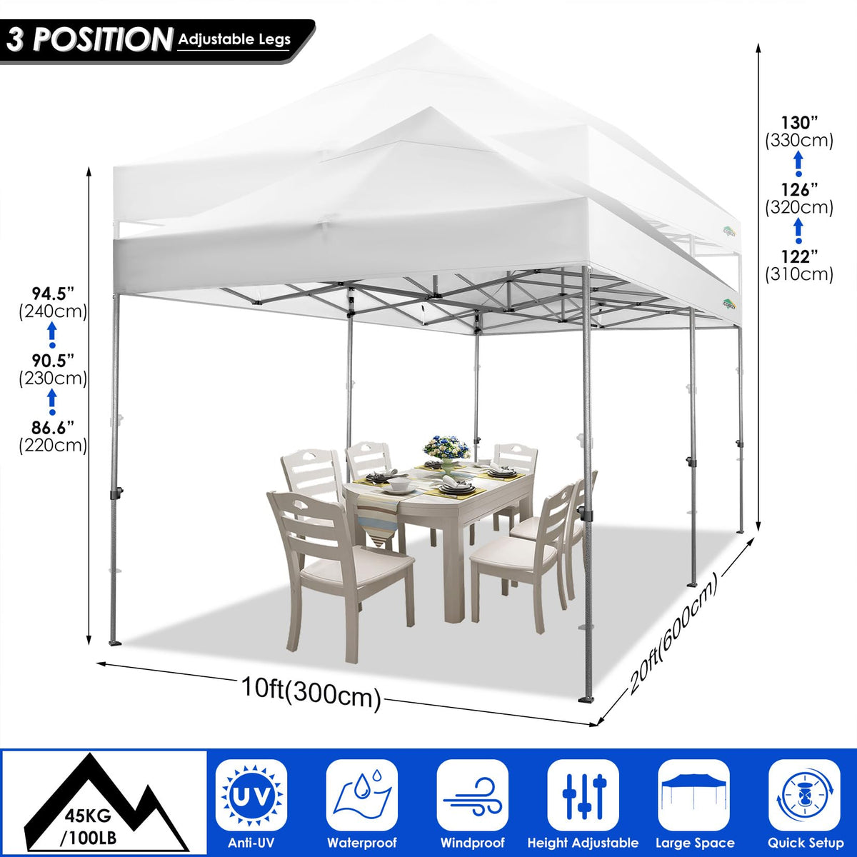 COBIZI 10x20 Heavy Duty Pop up Canopy Tent with 6 sidewalls Easy Up Commercial Outdoor Wedding Party Tents for Parties All Season Wind & Waterproof Gazebo Roller Bag, White(Frame Thickened)