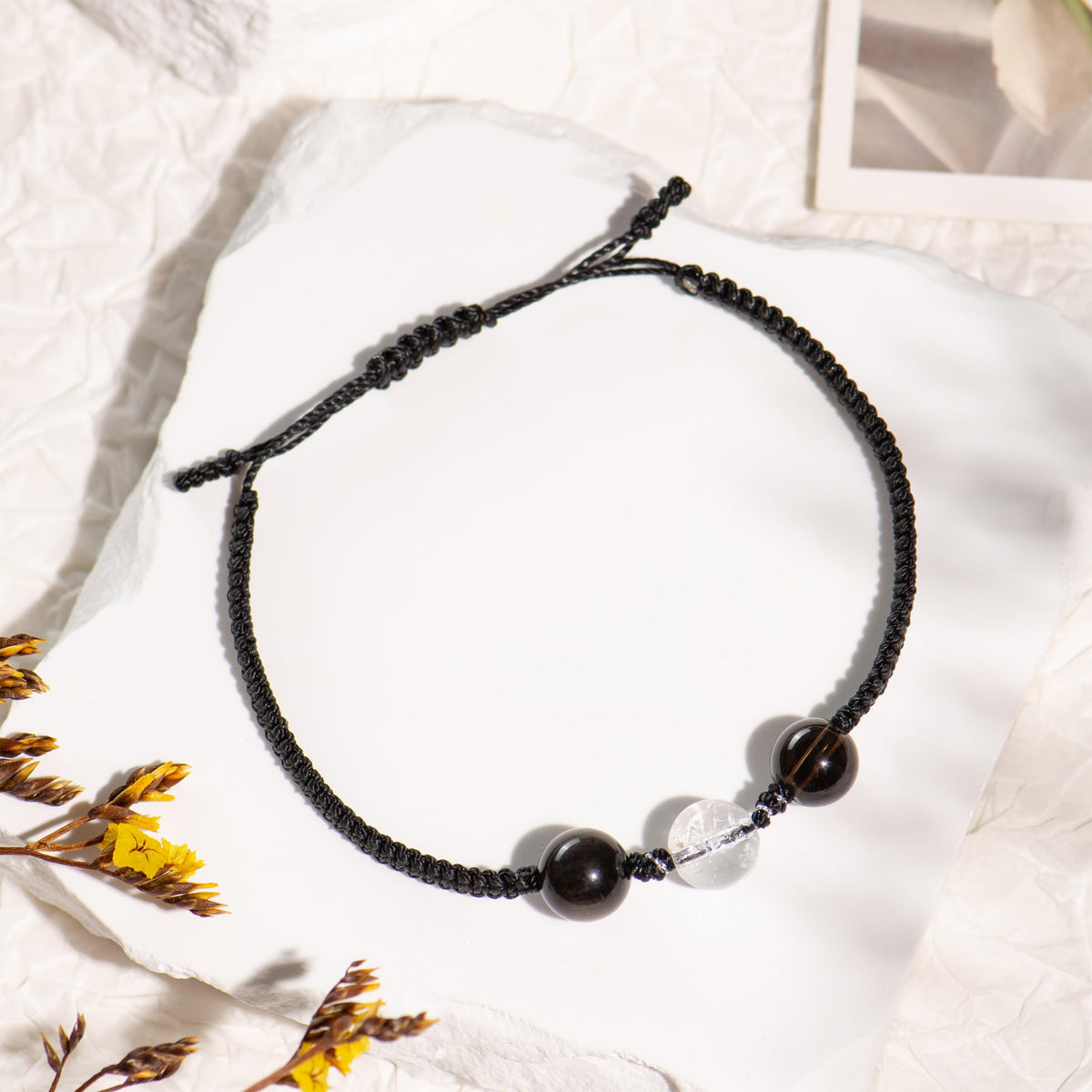 AuraKnots Protection Bracelet, Crystal Bracelets with Genuine Gemstones for Aura Protection & Grounding, Hand-Knotted with Smoky Quartz, White Azeztulite & Silver Obsidian, Adjustable for Women & Men