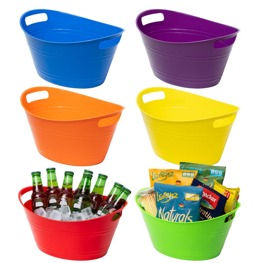 Tiawudi 6 Pack Ice Buckets with Handles, Ice Drink Tub for Party & Bar, Wine Beer Champagne Beverage Bottle Cooler, Plastic Storage Tub, Oval Storage Basket for Home, 4.5 Liter Each, Multi-Color