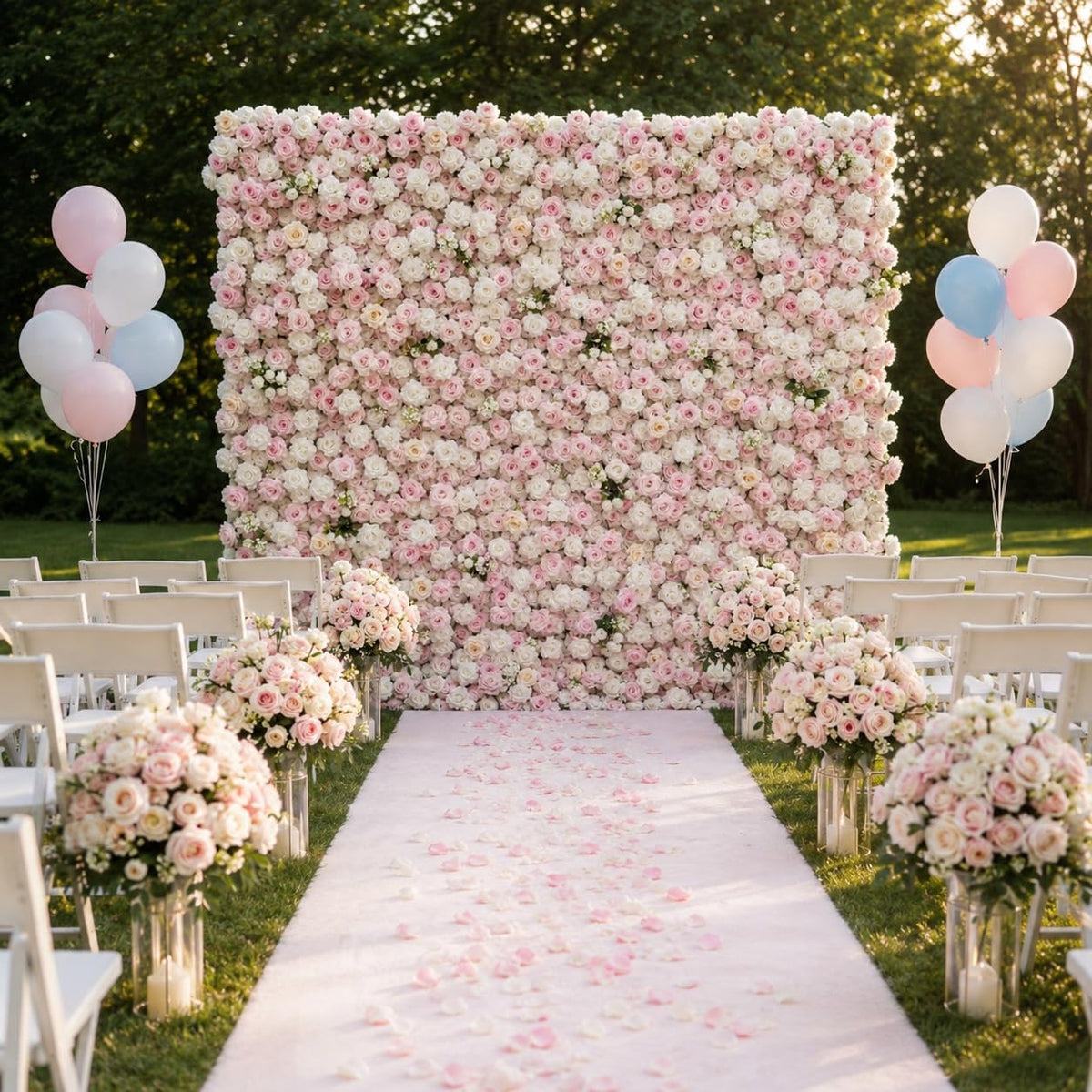 5D Artificial Silk Rose Flower Wall Backdrop, Pink and White Floral Wall, 8×8 Ft, Easy to Install and Store, Reusable, Perfect for Weddings, Birthday Parties, Garden and Home Decor, Without Stand