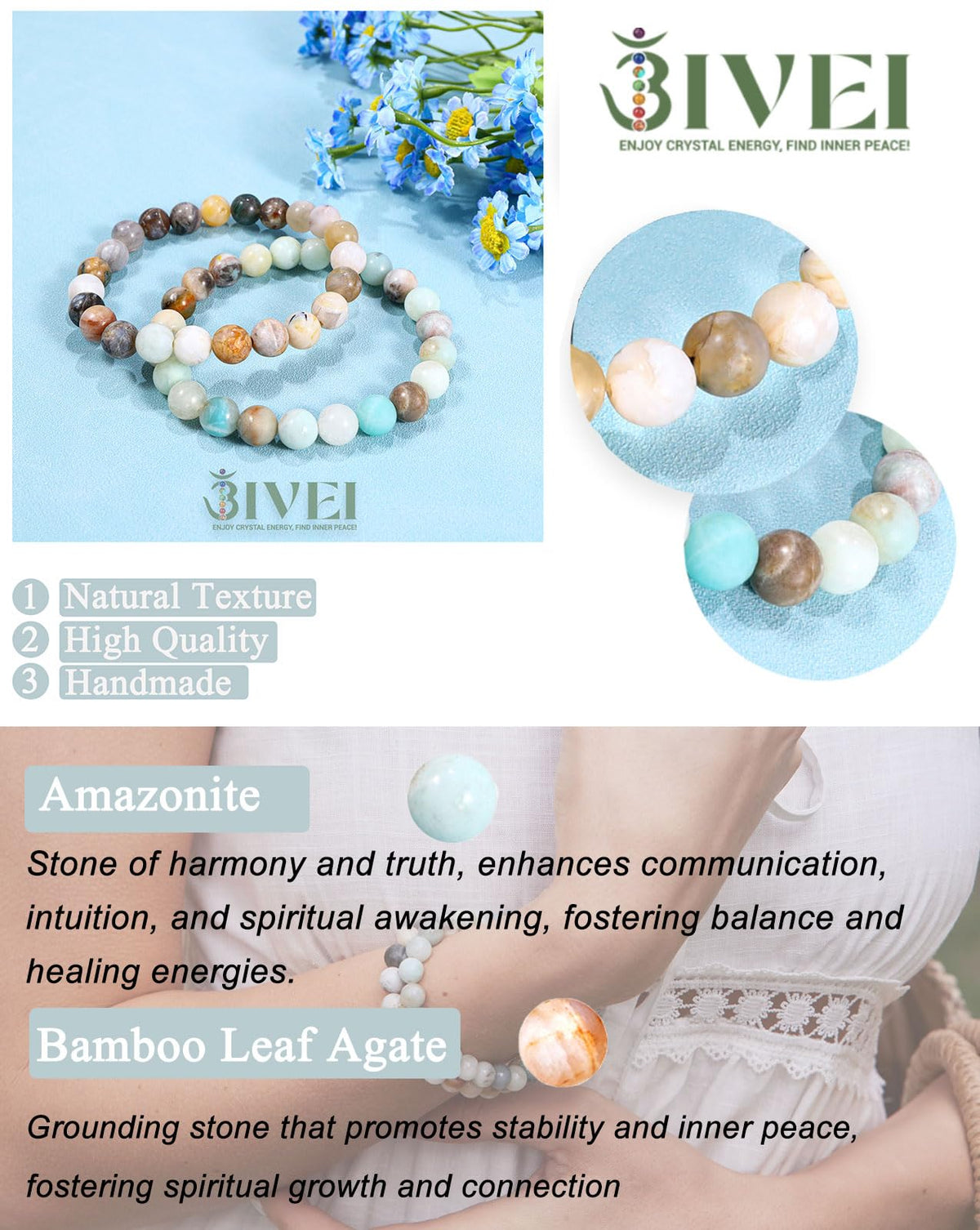 Bivei Natural Gemstone Semi Precious Crystals Handmade Stretchy Round Beads Bracelet, Enhance Positive Energy,Stocking Stuffers for Women(Bamboo Leaf Agate & Amazonite (Good Luck) Medium)