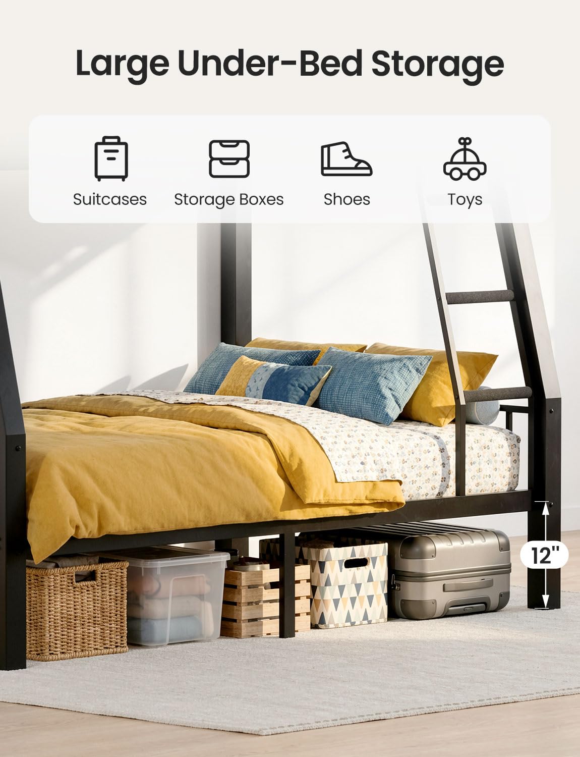 Mixcous Full XL Over Queen Bunk Bed for Adults, Heavy Duty Metal Queen Bunk Bed Frame with Reinforced Steel Slats, Full-Length Guardrails & Anti-Slip Ladder, Noise-Free, No Box Spring Needed, Black
