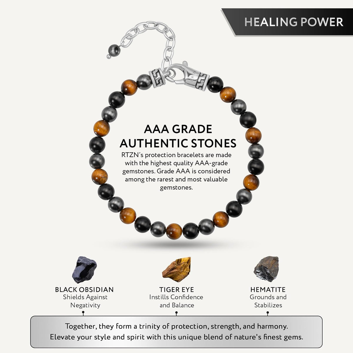 RTZN® Triple Protection Bracelet for Men – Premium Artisan Handcrafted Tigers Eye, Black Obsidian & Hematite Bracelet for Men & Women – 6MM Beaded Spiritual Bracelets – Adjustable 6.5"–8.5" (Chain Fit)