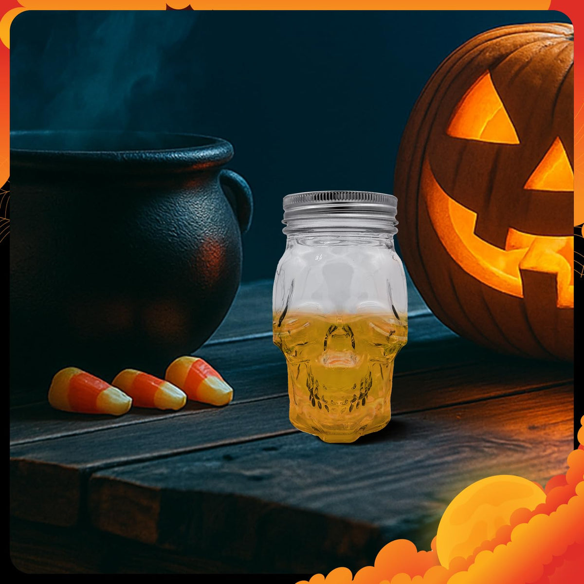 DURA LIVING Set of 2 Skull Mason Jar Glasses with Lids | 16oz Reusable Halloween Drinking Glasses | Unique Skull Décor, Storage, & Canning Jars for Parties & Gifts