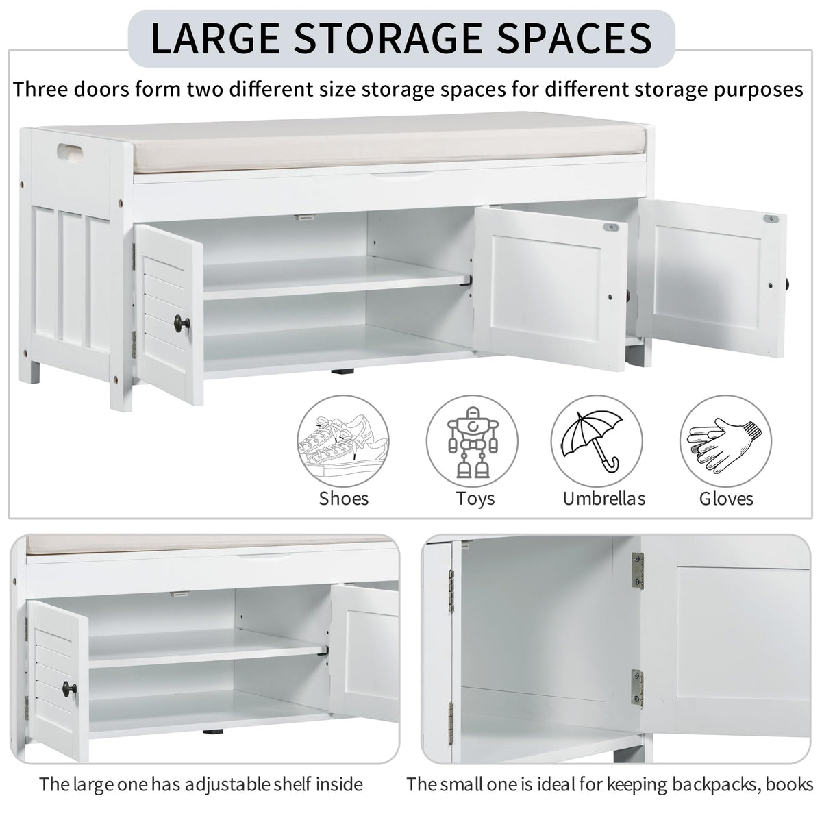 Merax Rustic Storage Bench with Removable Cushion Multifunction Shoe Cabinets for Entryway Hallway Front Door White