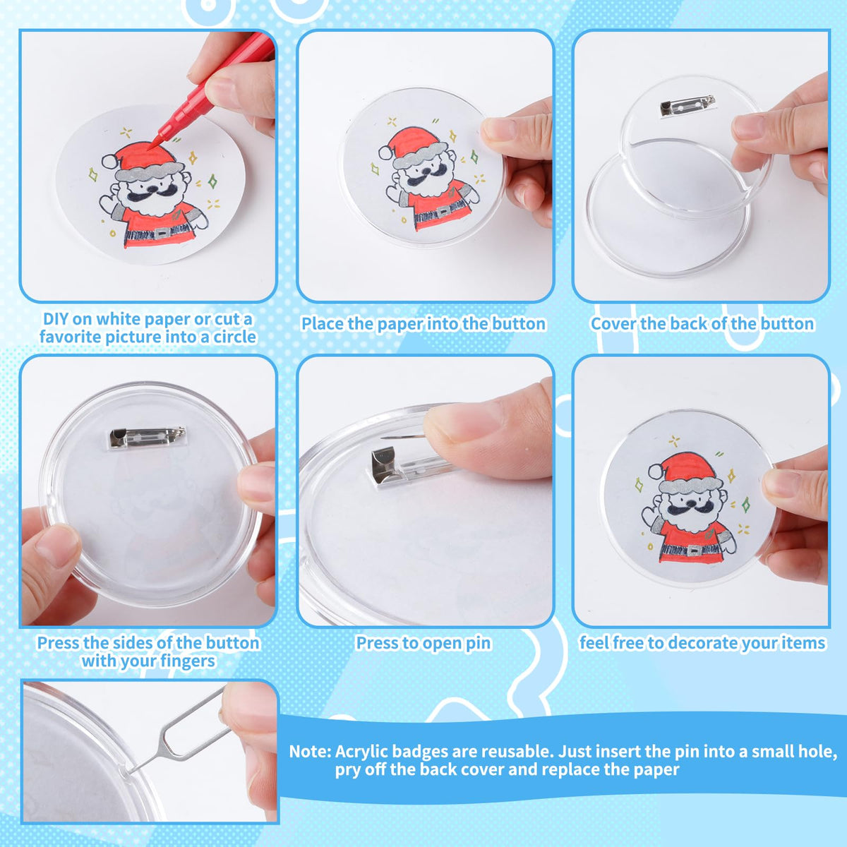 MK.Bear 50 Pack Acrylic Button Pins Badge, 55mm/2.17 Inch Clear Pins Buttons Kit, DIY Badges Acrylic Pin Buttons with Blank Round Paper