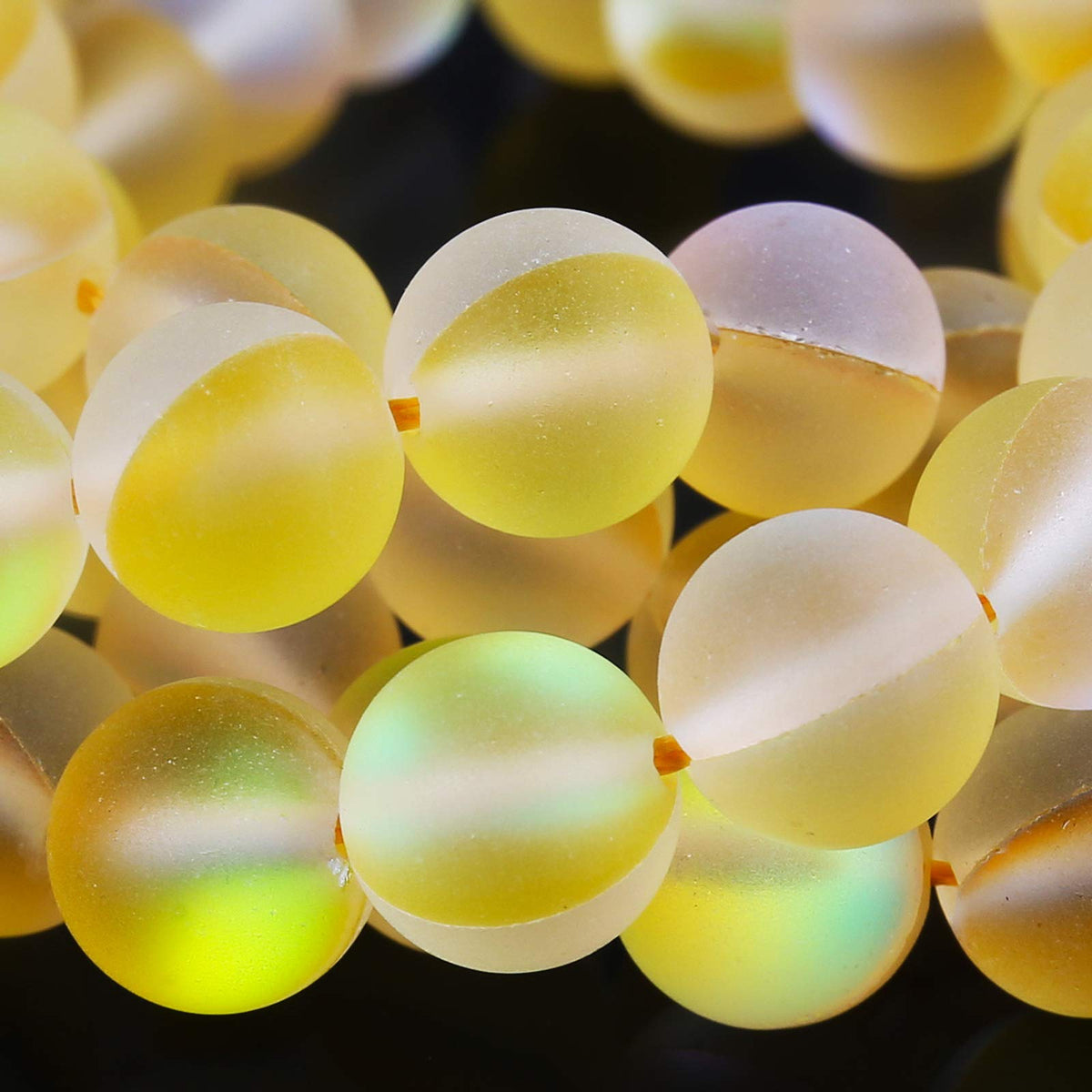Matte Yellow Aurora Crystal Glass Beads, 8MM Frosted Glitter Shining Mermaid Round Loose Beads, Rainbow Holographic Synthetic Moonstone for Jewelry Making DIY Bracelet