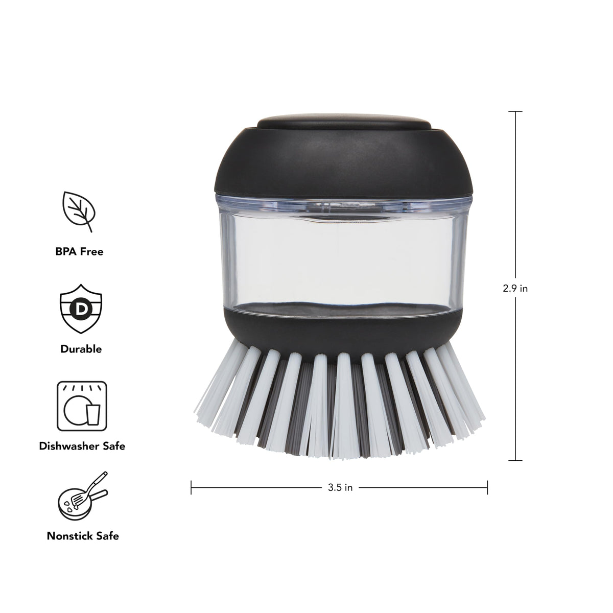 KitchenAid Soap Dispensing Palm Brush with Built in Easy to Fill Soap Dispenser, Non Slip Grip for Easy Cleaning, Safe on Non Stick Cookware, 2.95 x 2.17 x 3.54 inches, Black