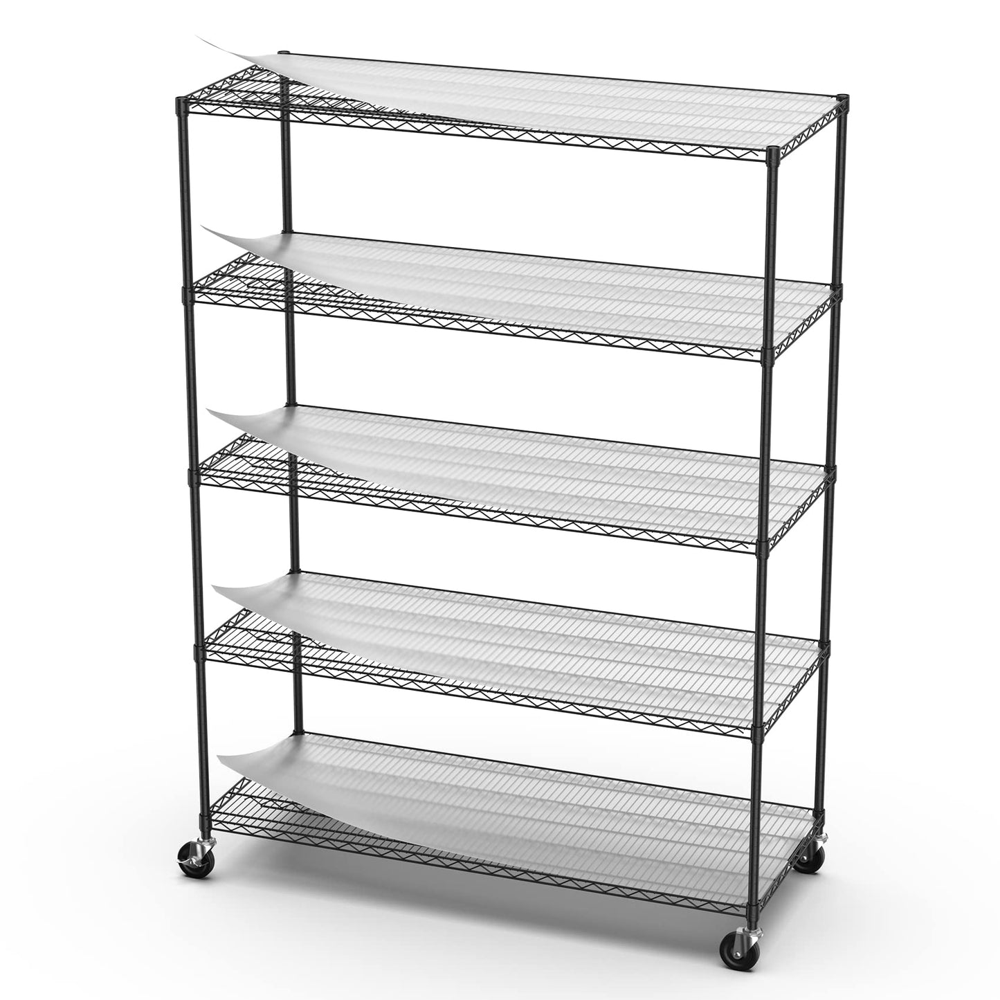 pouseayar Heavy Duty Metal 5 Tier Shelf Wire Shelving Unit, 7500lbs Capacity NSF Adjustable Storage Rack with Wheels & Shelf Liners for Commercial Grade Utility Steel Storage Rack Home Office Black