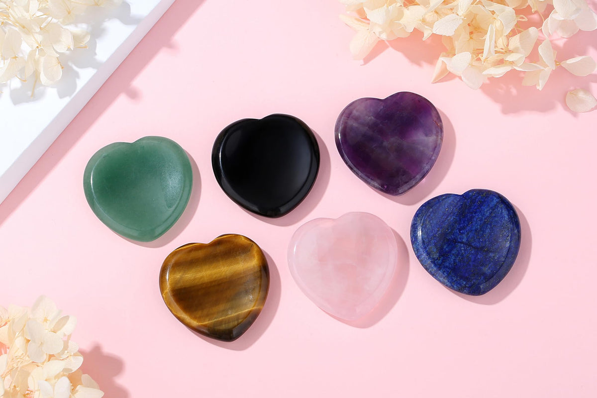 YATOJUZI 2PCS Thumb Worry Stone for Anxiety Healing Crystals Sets Amethyst Rose Quartz Heart Gemstone Pocket Stones Hand Carved Natural Crystal Stones Reiki Palm Stone for Meditation Gifts for Women