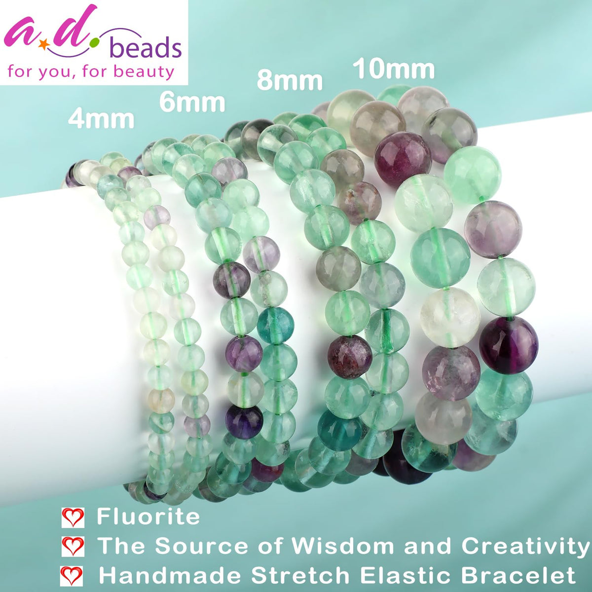 AD Beads 10mm Handmade Fluorite Elastic Bracelet – Natural Gemstone for Is the source of Wisdom and Creativity – Meditation, Yoga, Healing and Energy Gift for Men Women