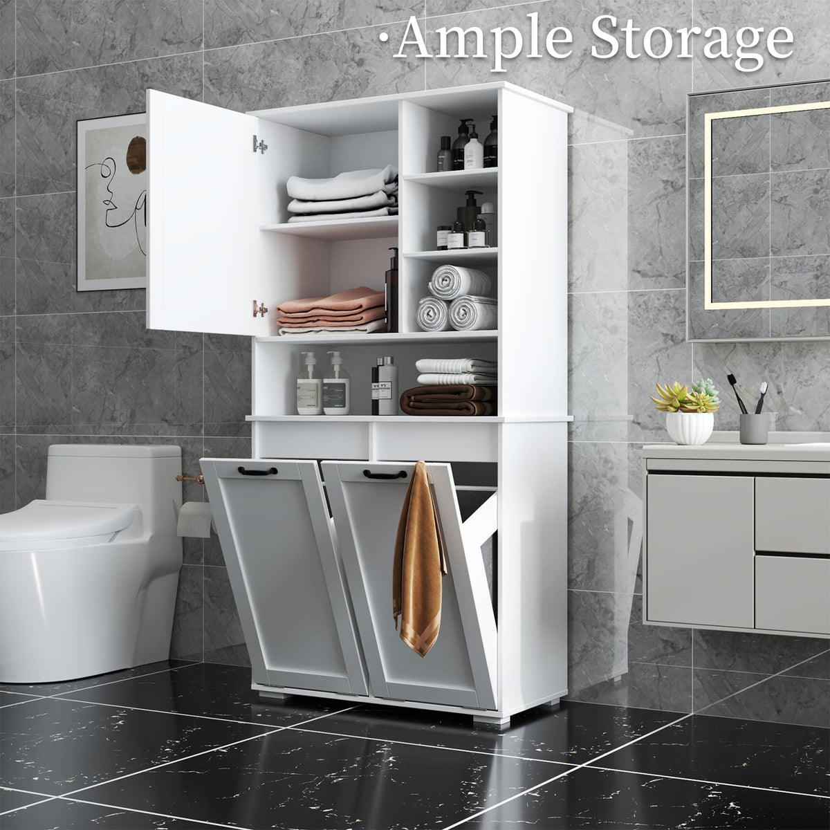 Tall Laundry Cabinet with Double Tilt Out Laundry Hamper, Freestanding Floor Bathroom Cabinet with 12 * 2 Gallon Laundry Storage Basket for Bathroom, Kitchen, White