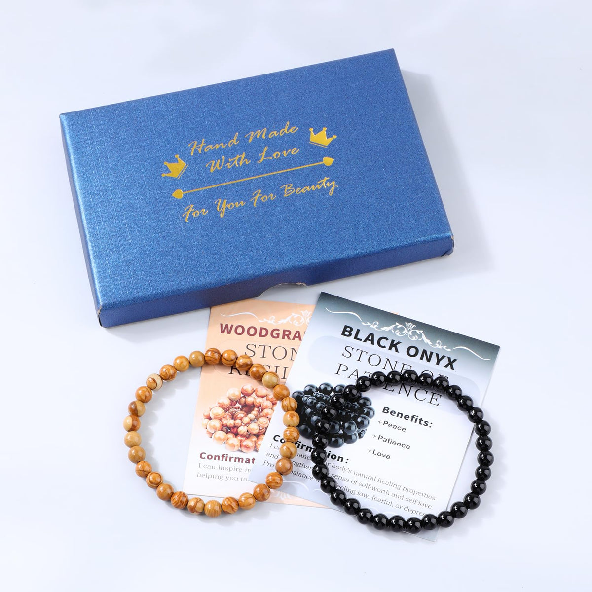 NCB 2-Piece 6mm Natural Crystal Gemstone Stretch Bracelets – ﻿Black Onyx, Woodgrain Jasper Handmade Reiki Energy Healing Jewelry for Meditation,Yoga, Unisex