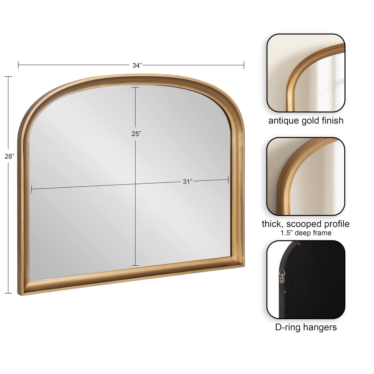 Kate and Laurel Hatherleigh Modern Arched Wooden Wall Mirror, 34 x 28, Gold, Decorative Wood Basket Arch Mirror for Use as Vanity Bathroom Accent or Living Room Mantel Decor
