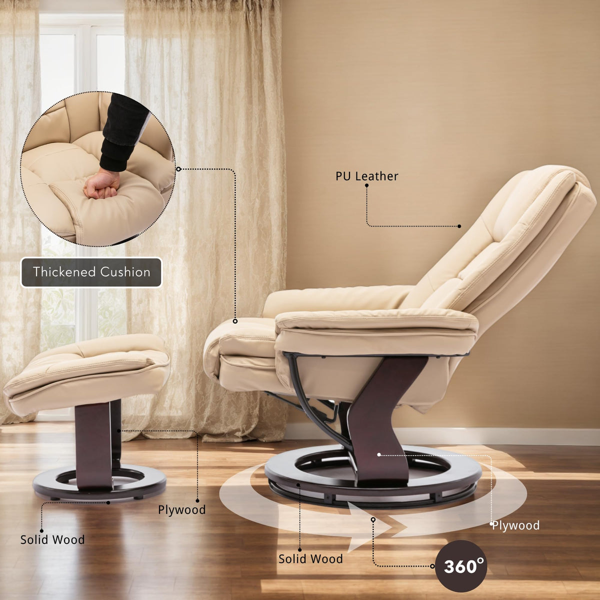 Argus Swivel Recliner with Ottoman, PU Leather & Wood Base Reclining Chair with Footrest, Ultra-Plush Double Foam for Living Room, Bedroom and Office, Set of 2
