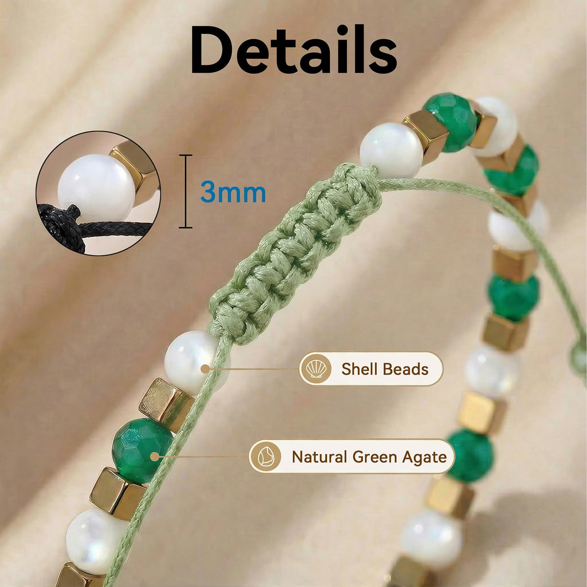 BEADSENER Green Agate Adjustable Charming Bracelet for Women, 3mm Natural Shell Gemstone Hematite Stone Beads, Pull String Slider Metal Free Design Waterproof, Gift for Her Daily Wear