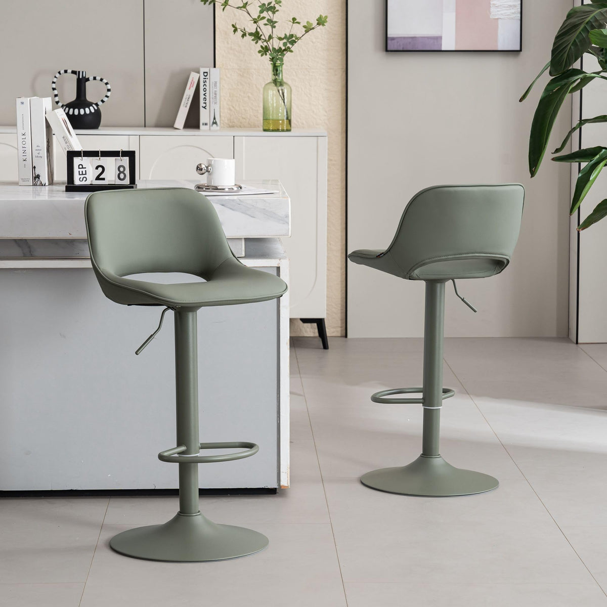 YOUNIKE Bar Stools Set of 2 Modern Swivel Barstools, Adjustable Counter Height Bar Stools Faux Leather Upholstered Counter Stools with Hollow Back for Kitchen Island, All Olive Green