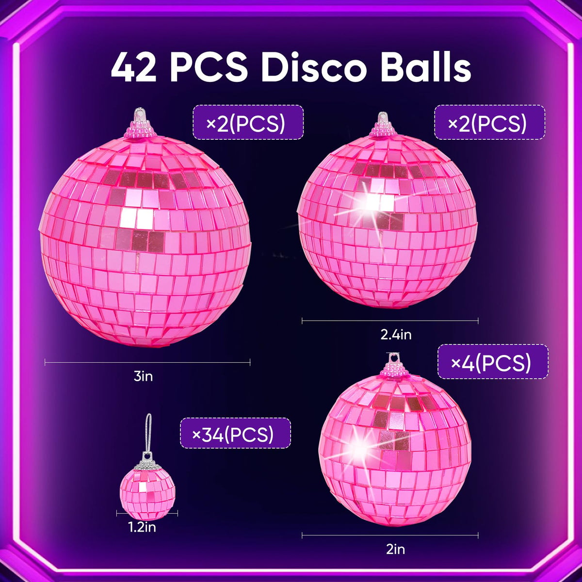 Mini Pink Disco Ball Ornaments: 42 Pack Small Disco Balls Decorations Different Sizes - Pink Disco Party Decorations Bulk for Christmas Tree Cake Room Birthday (1.2 Inch, 2 Inch, 2.4 Inch, 3 Inch)
