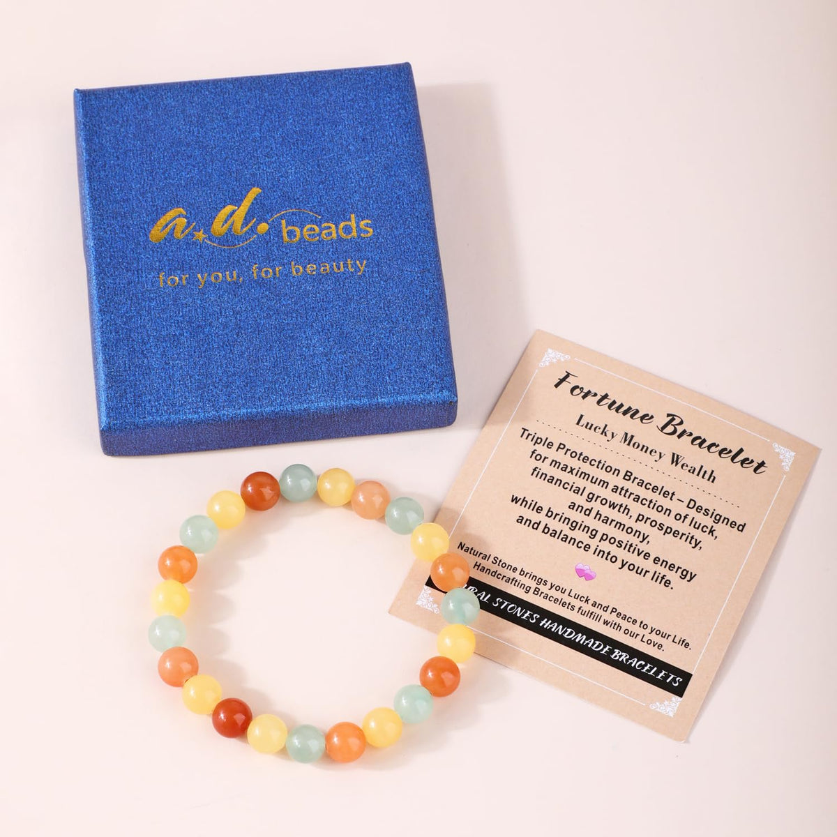 AD Beads 10mm Handmade Fortune Bracelet Elastic Bracelet – Natural Gemstone for Lucky Money Wealth – Meditation, Yoga, Healing and Energy Gift for Men Women