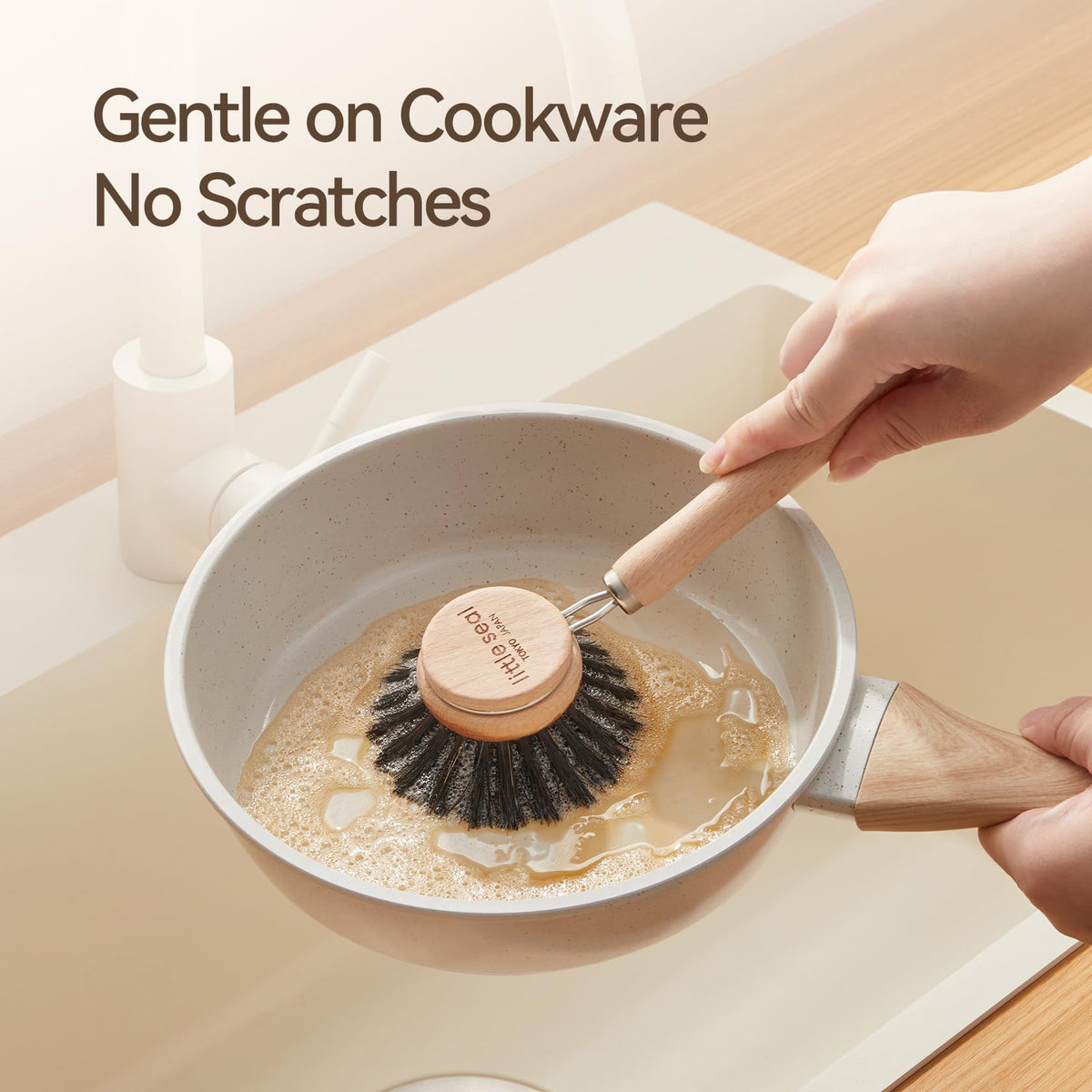 Dish Brush Set of 2, Wooden Handle Natural Bristle Scrubber, Non-Scratch Grease Absorbent for Non-Stick & Cast Iron Cookware, Kitchen Dishwashing Scrub Brush for Cleaning Dishes, Pots, Pans, Sink