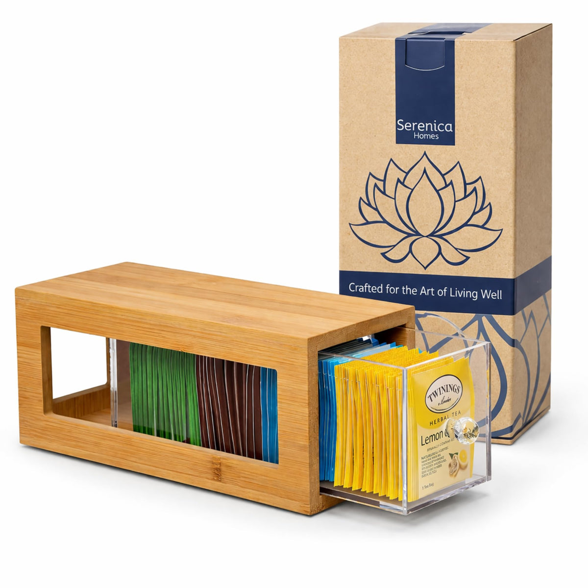 Serenica Homes Bamboo and Acrylic Drawer Tea Bag Holder- Durable & Elegant Tea Bag Storage Holder for Kitchen Countertop, Space-Saving Tea Drawer Organizer