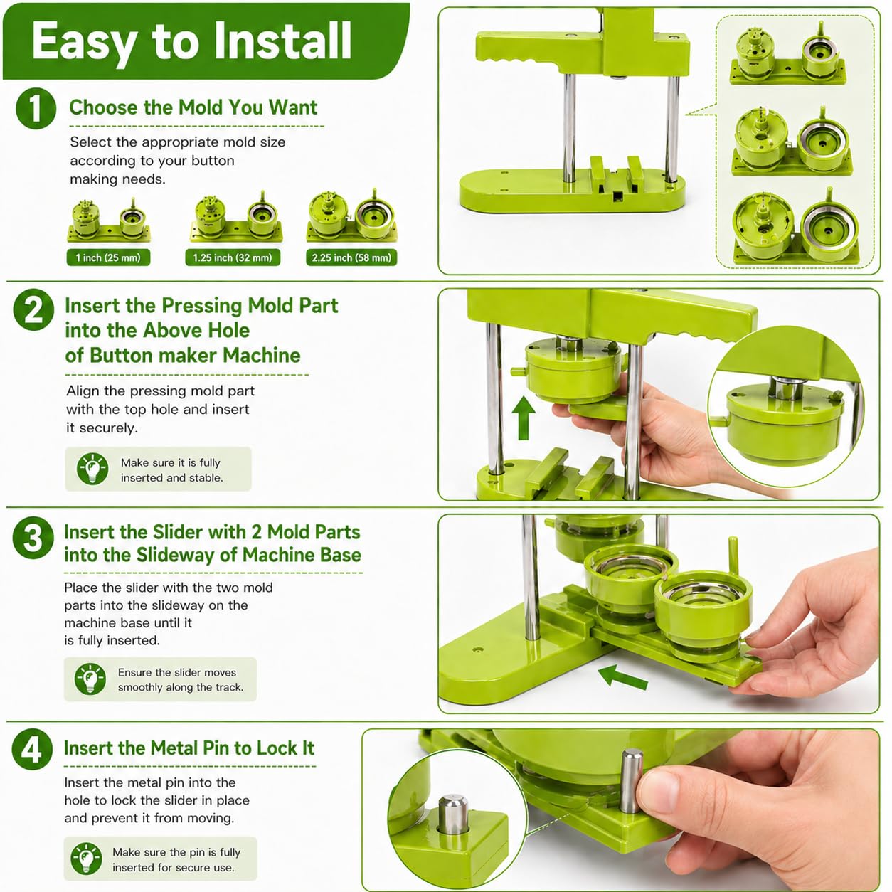Pin Maker, Button Maker Machine, Pin Maker Machine Kit Includes 300Pcs Pins 25/32/58mm (1/1.25/2.25 inch), 3 Circle Paper Cutters, DIY Button Pin Maker, Button Badge Press Machine(Green)