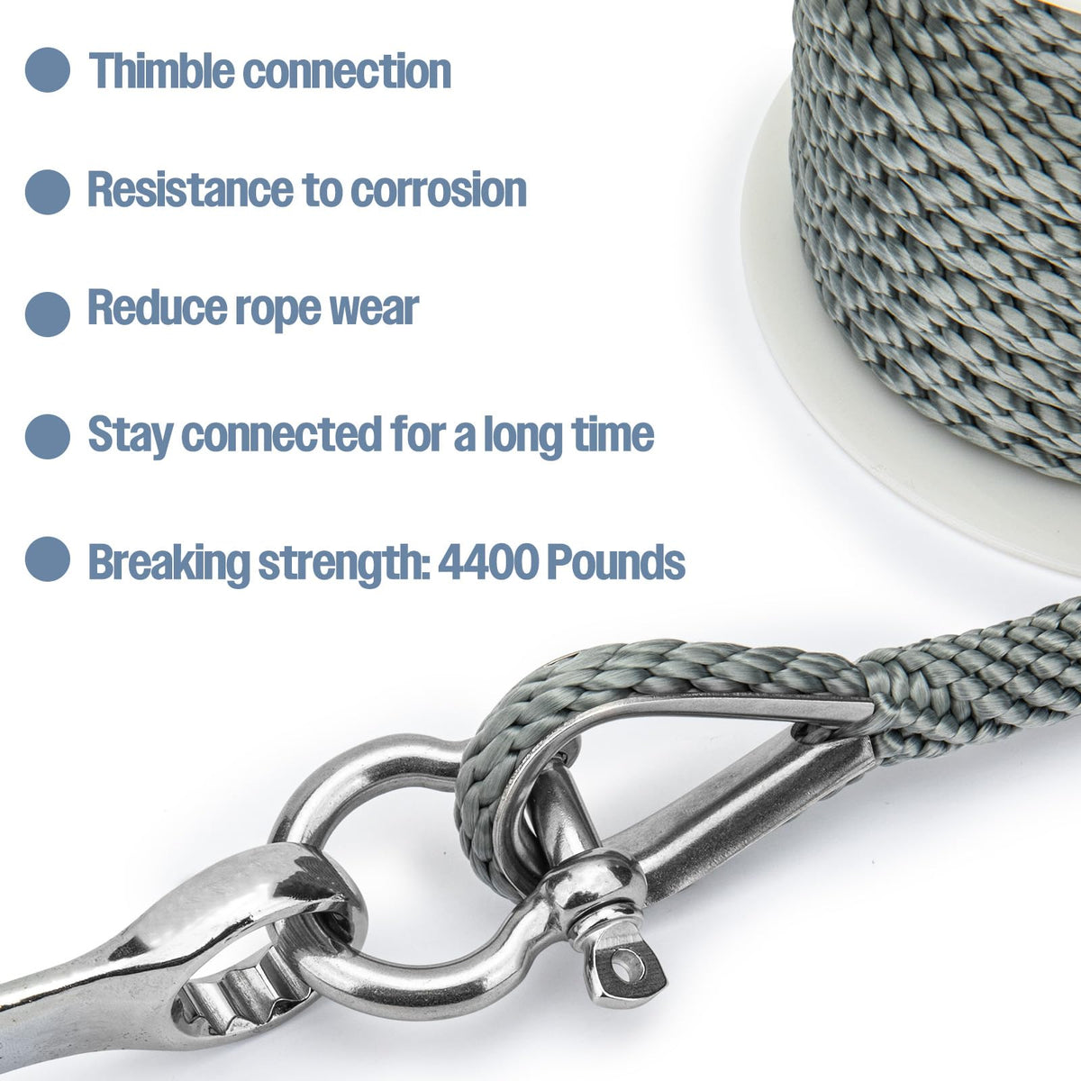 Boat Anchor Rope 3/8 inch 50ft Premium Solid Braid Nylon MFP Boat Rope with Stainless Steel Thimble & Shackle, Quality Marine Line, Grey,Boat Accessories