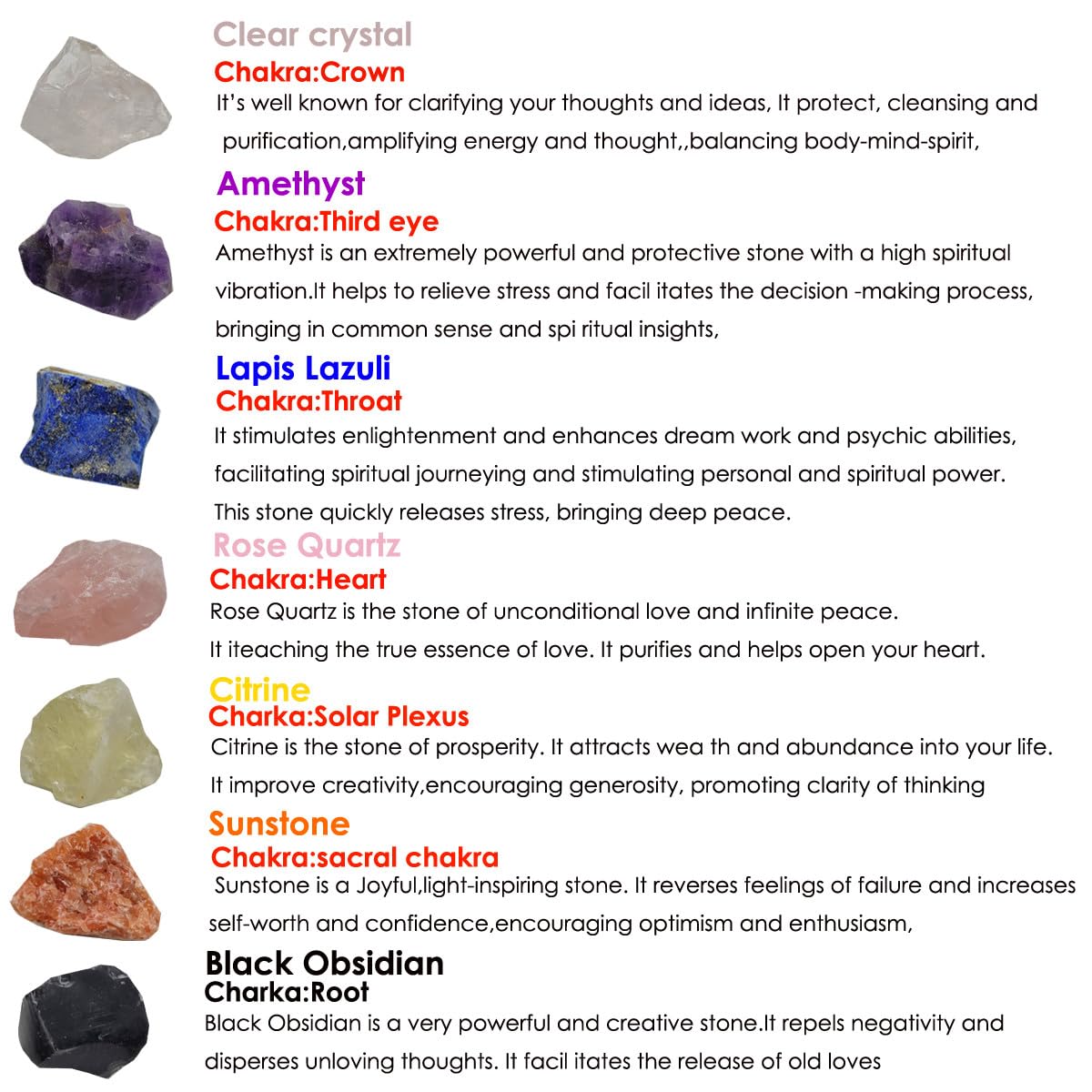 7Pcs Energy Crystals for Beginners Raw Crystals Set of Clear Quartz,Lapis Lazuli,Sunstone,Amazonite,Black Obsidian,Amethyst,Citrine,Rose Quartz (Crystals for Beginners)