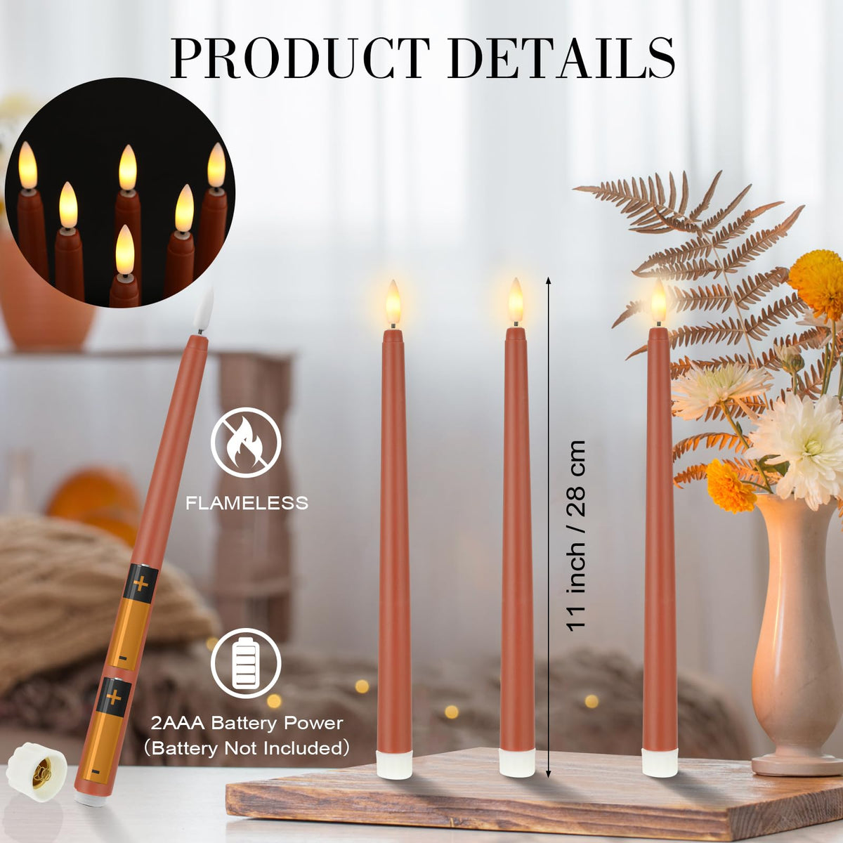 Macarrie 24 Packs Flameless Taper Candles Battery Operated Fake 11 Inch Long Candlelight LED Flameless Candlesticks Flickering Tapered for Spring Summer Wedding(Brown)