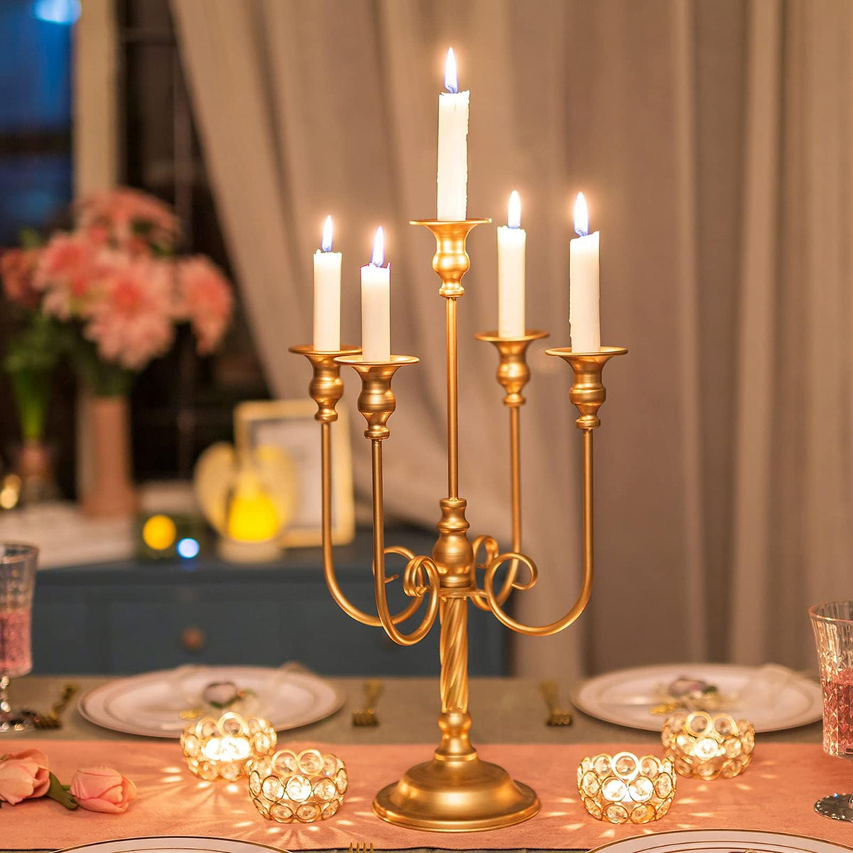 Metal Candelabra Gold Candle Stand 20in Tall, 5-Candle Candlestick Holder for Taper Candles, Candle Holder for Wedding Centerpiece Christmas Valentine Holiday Party Event Reception Decor, 2Pcs