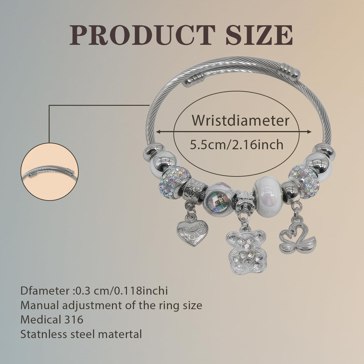QMWKVNC Charm Bracelets for Womens,Exquisite Cute Cartoon Friendship Silver Bracelets Stainless Steel Bangle, Womens Jewelry Suitable for Holiday Gifts and Birthday Gifts