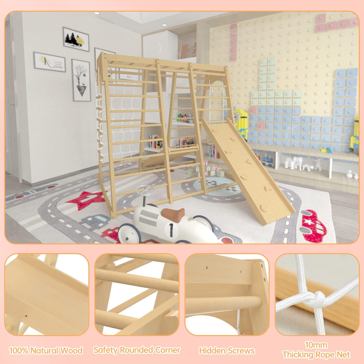Toddler Jungle Gym, 66" Indoor Playground Set with Swing, Rock Climb Wall, Slide, Monkey Bars, Wood & Rope Ladder, Rope Wall Ladder for Kids 1-8yrs
