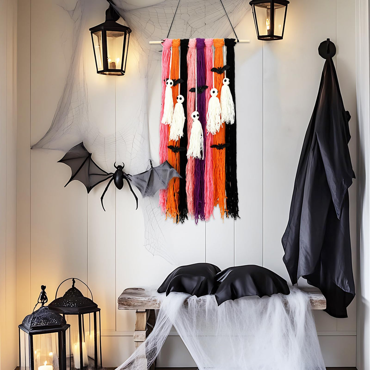 FYSUIMU Halloween Decorations Ghost Wall Hanging Cute Ghost Bat Woven Flag Banner for Wall Home Indoor Outdoor Party Supplies Spooky Season Decor