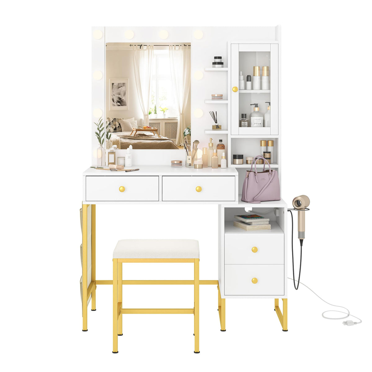 NUNU LAB Morden Makeup Vanity Desk with Mirror, Bedroom Dressing Table Set with Storage Shelf and 5 Drawers, Large Vanity Table with 10 LED Lights for Women, Girls, Teens