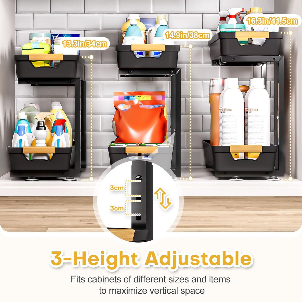 Homde 2-Tier Under Sink Organizer: 2pcs Set Adjustable Pull Out Drawer Undersink Cabinet Storage Rack for Home Kitchen Bathroom