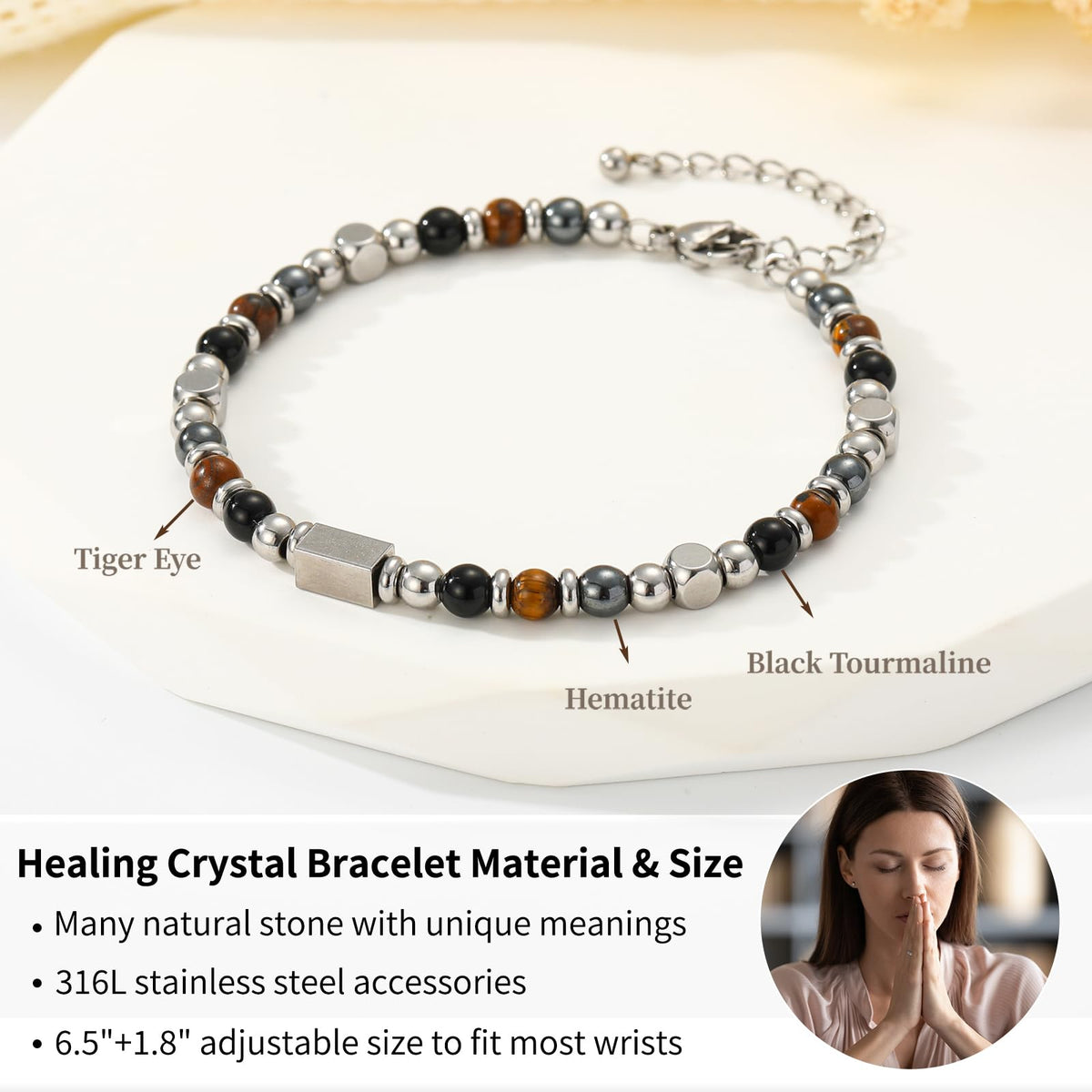 ESPVO Triple Protection Bracelet for Women Gifts Energy Hematite Black Tourmaline Tigers Eye Bead Crystal Healing Obsidian Guardian Piedra Turmalina Negra Jewelry Natural Stones Teens