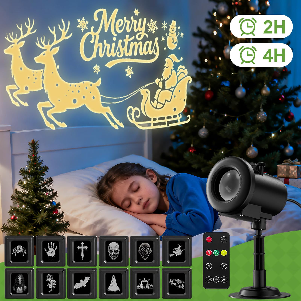 12 in 1 Christmas Projector Lights Outdoor, 3D Dynamic Santa Sleigh/Nativity/Green Monster/Ghost/Spider/Bat Christmas Decor,Night Lights for Party Home Window Wall Holiday Decor