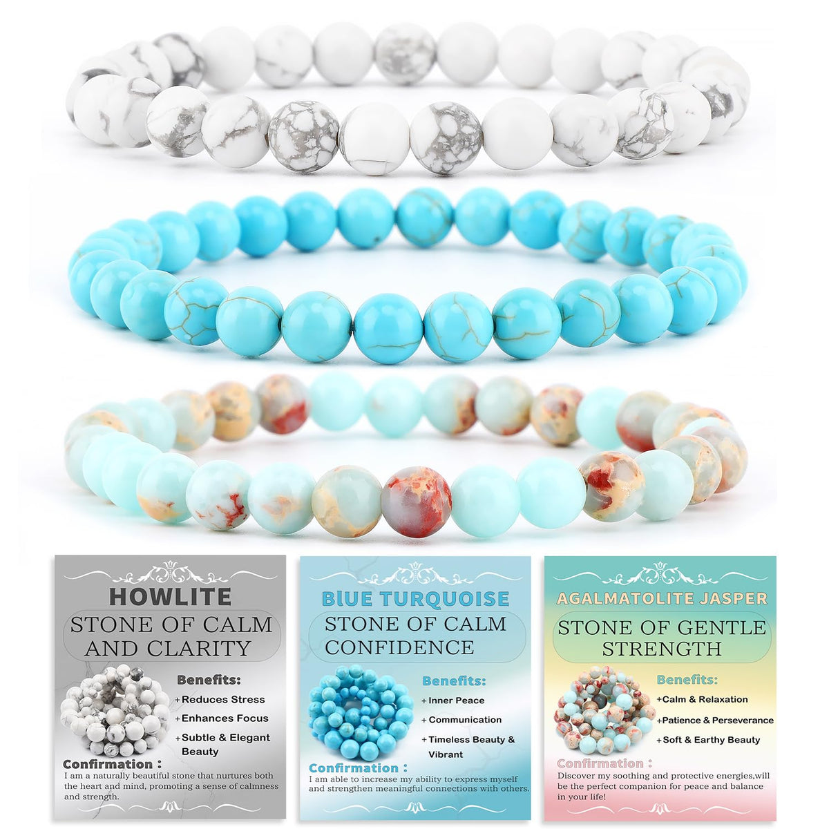 NCB 3-Piece 6mm Natural Crystal Gemstone Stretch Bracelets – ﻿Agalmatolite Jasper, Blue Turquoise, Howlite Handmade Reiki Energy Healing Jewelry for Meditation,Yoga, Unisex