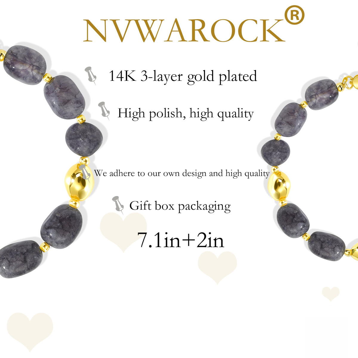 NVWAROCK Beaded Bracelet for Women, Gemstone Bracelet, 14K Gold Plated Stackable Handmade Oval Stone Bracelet Jewelry Gift - Grey