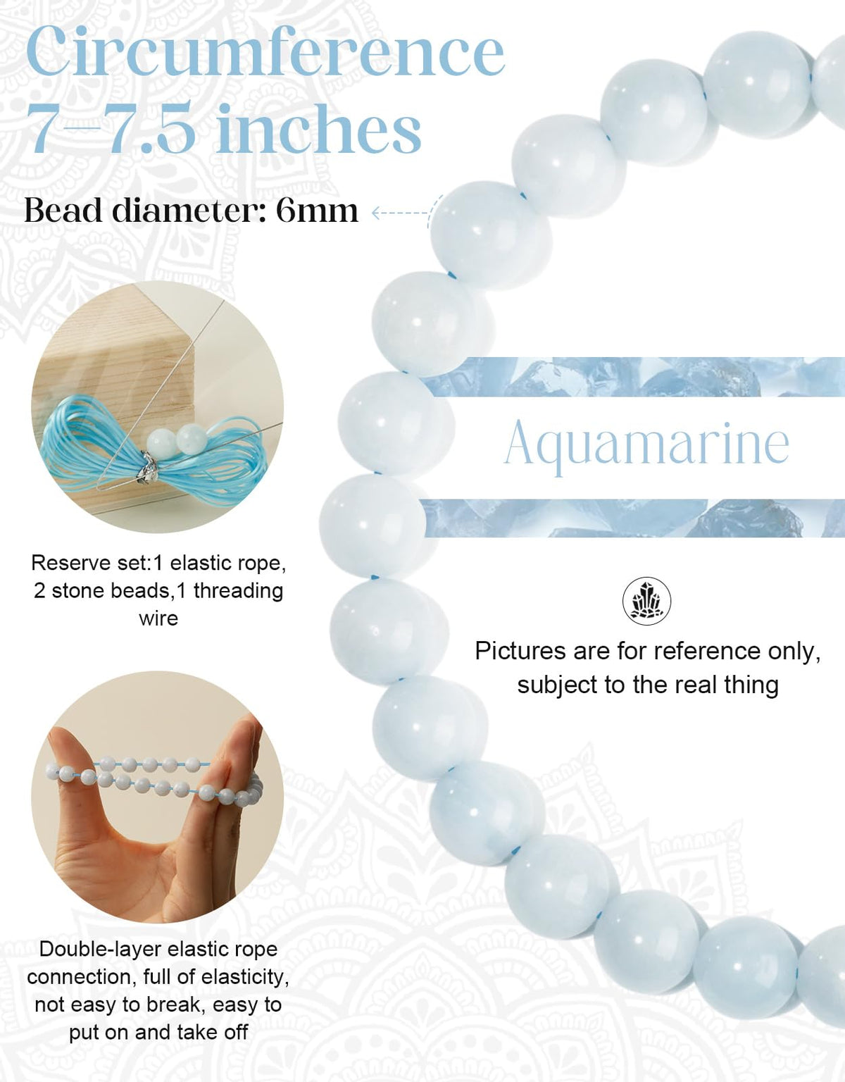 Landorilo Beaded Bracelet for Men Women, 6mm Natural Stone Aquamarine Healing Crystal Stretch Bracelets, Ideal Christmas Birthday Jewelry Gifts with Energy Card，Replacement Beads Included