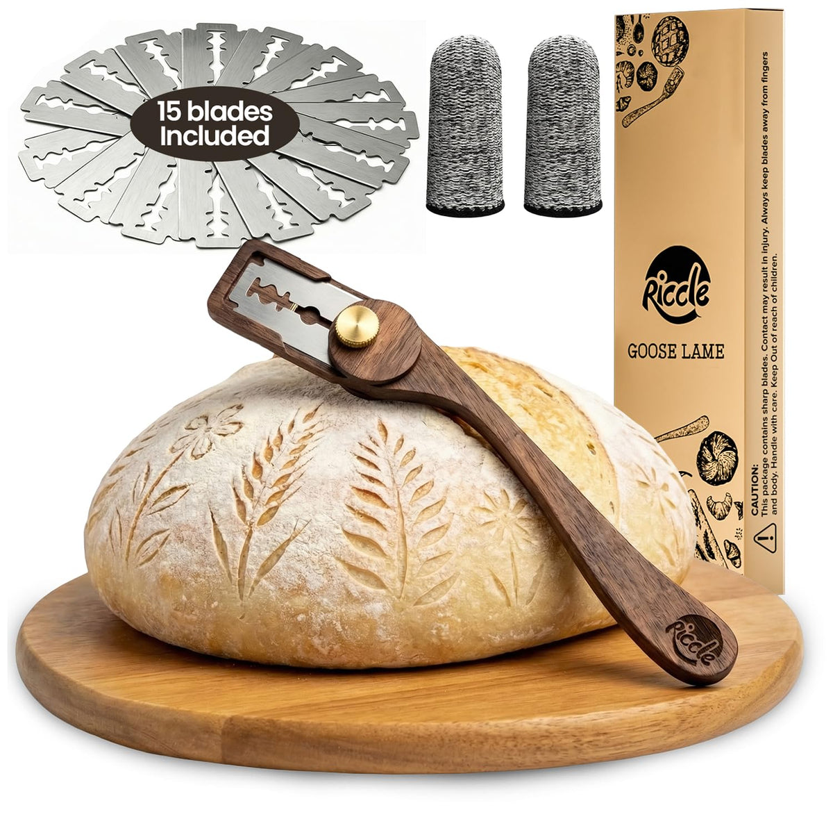 RICCLE Goose Bread Lame for Sourdough Bread, Walnut Wood Bread Scoring Tool with 15 Replacement Blades, Magnetic Safety Guard and Finger Sleeves for Artisan Baking