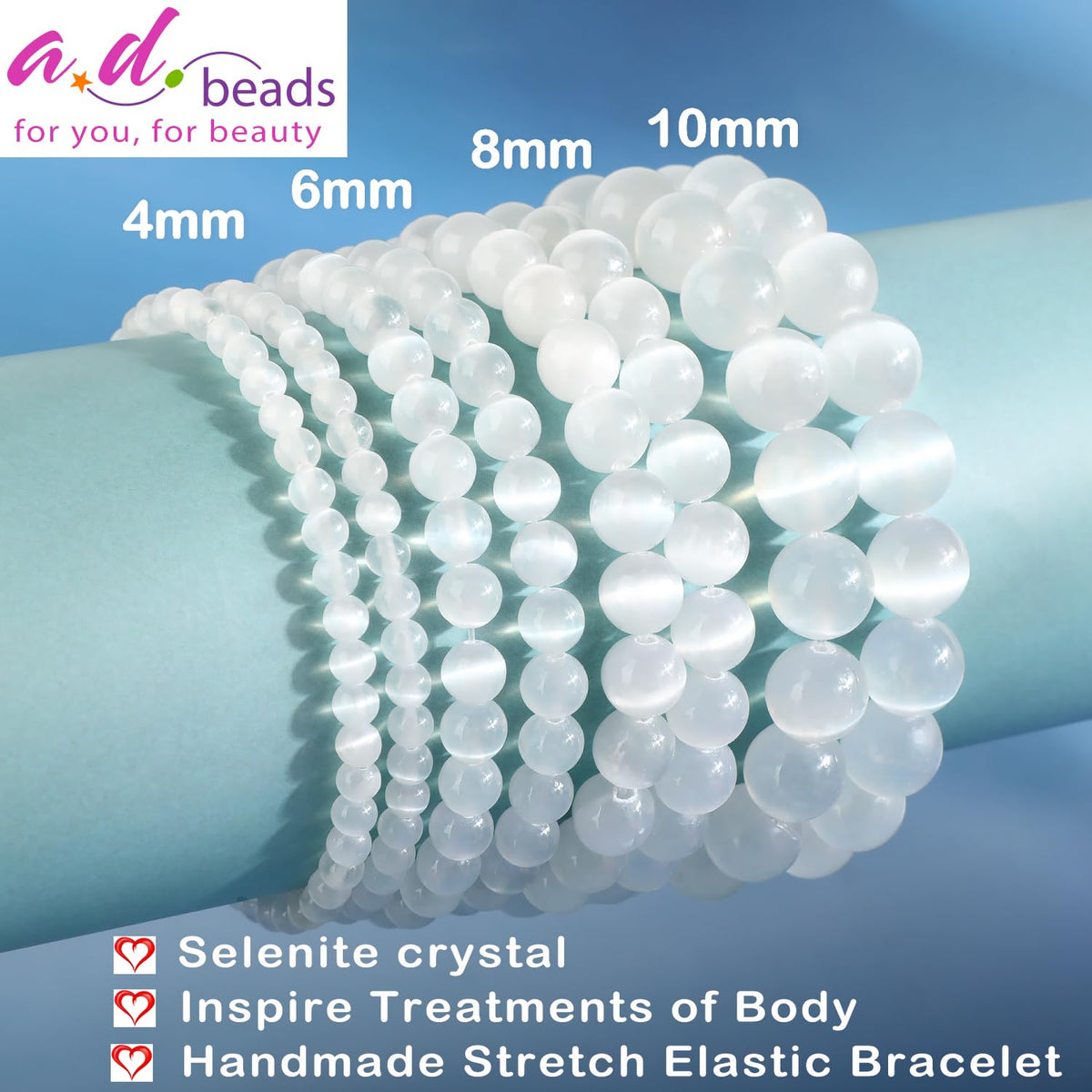 AD Beads 10mm Handmade Selenite crystal Elastic Bracelet – Natural Gemstone for Inspire treatments of body – Meditation, Yoga, Healing and Energy Gift for Men Women