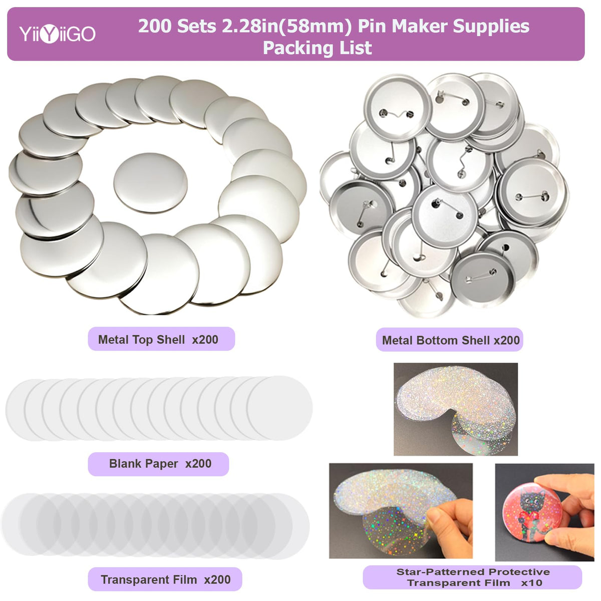 YiiYiiGO 200 Sets 58mm/2.28inch Button Maker Supplies, (Approx.2.25 inch) Round Badge Blank Pins, Includs Metal Shells, Metal Back Cover, Blank Paper and Transparent Film for Pin Maker Button Press