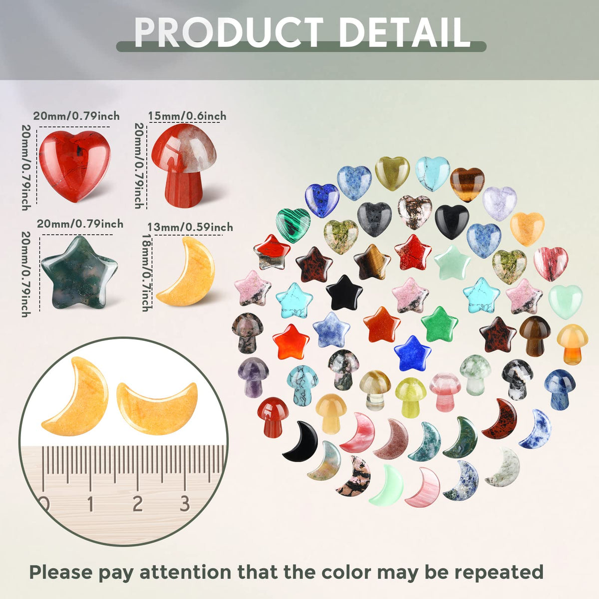 Nuenen 60 Pieces 20 * 20 * 6 mm Crystal Mushroom Sculpture Heart Shaped Moon Star Crystals Stones Bulks Worry Stones Assorted Hand Making Palm Thumb Gemstones for Witchcraft Meditation Reiki(Simple)