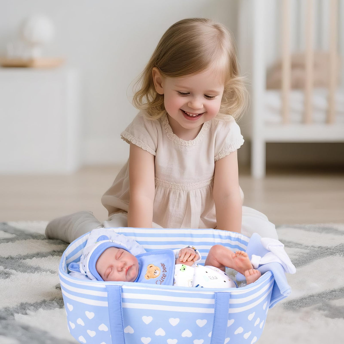 Aori Reborn Baby Dolls Bassinet - Baby Doll Carrier Bed Soft Doll Carrier Accessories with Handle for 17-22 inches Newborn Girls (Blue)